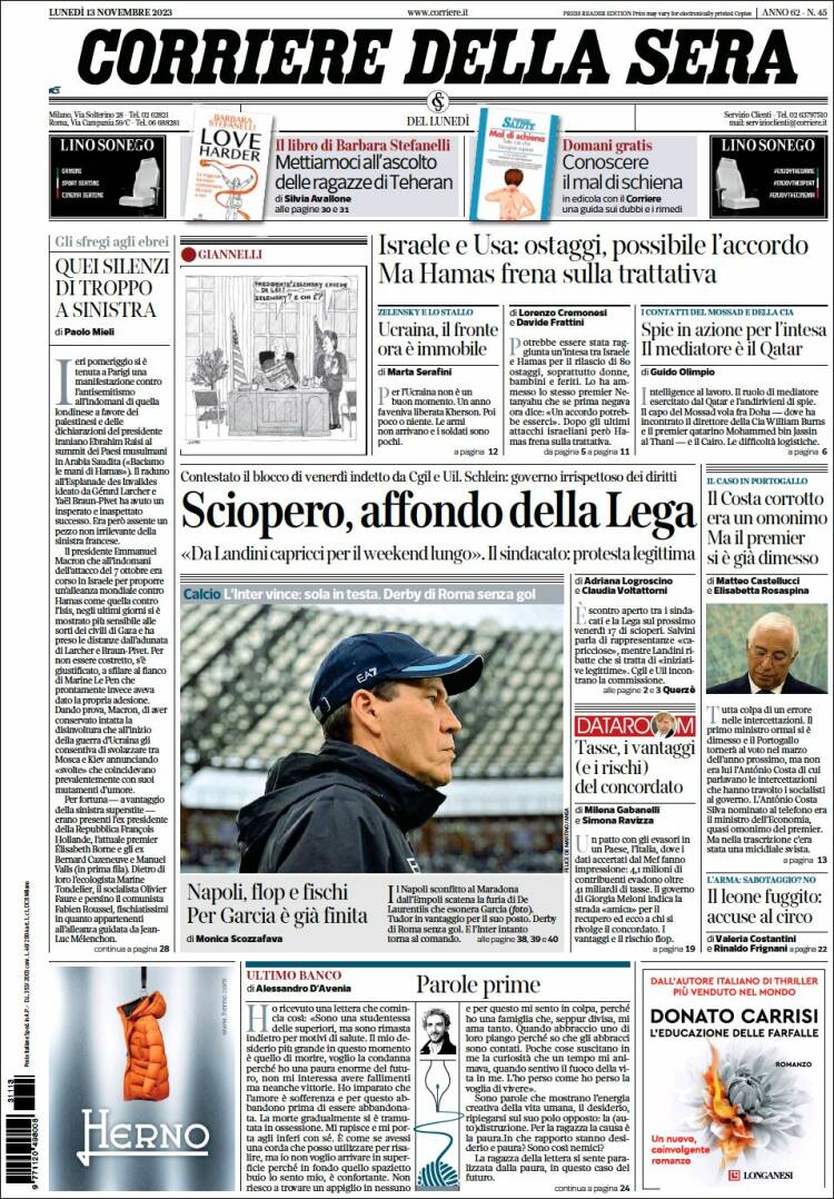 Portada de Corriere della Sera (Italia)
