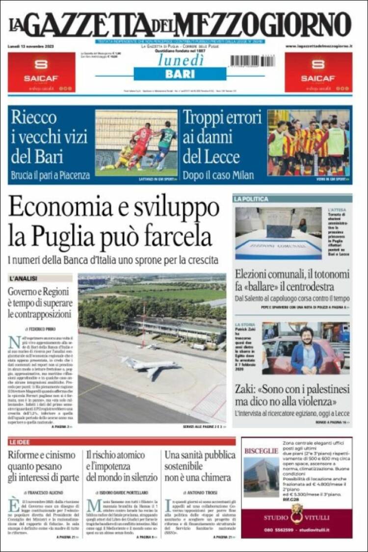 Portada de La Gazzetta del Mezzogiorno (Italia)