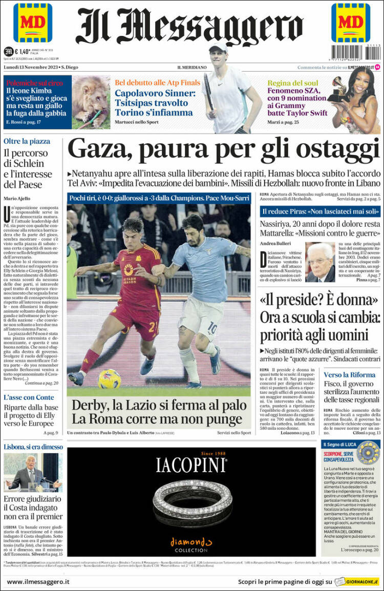 Portada de Il Messaggero (Italia)