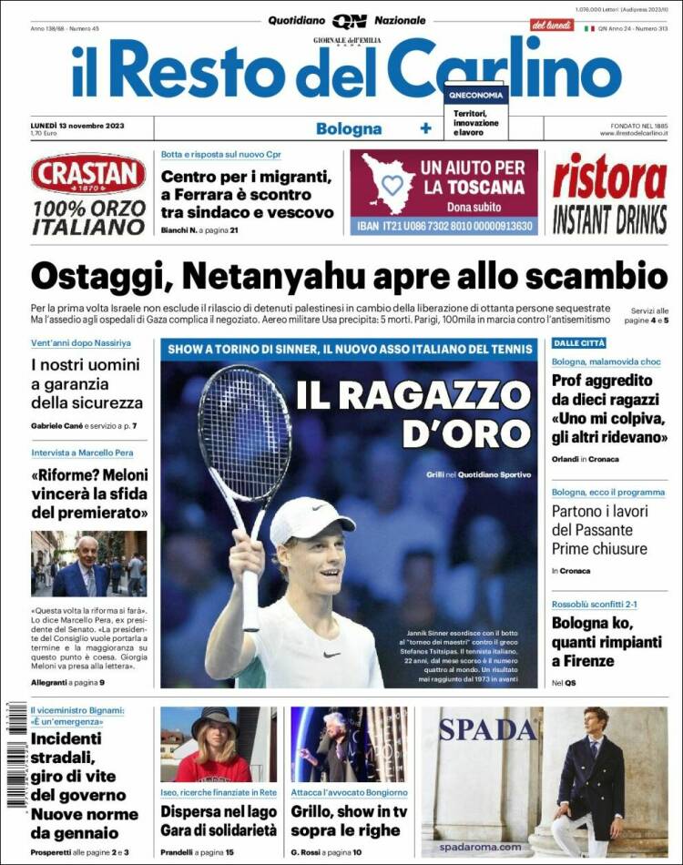 Portada de Il Resto del Carlino (Italia)