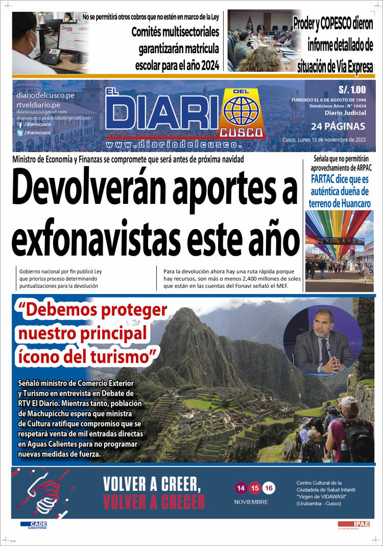 Portada de El Diario del Cusco (Per&uacute;)
