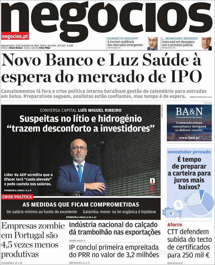 Portada de Jornal de Negócios (Portugal)