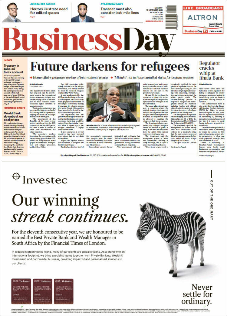 Portada de Business Day (Sud&aacute;frica)