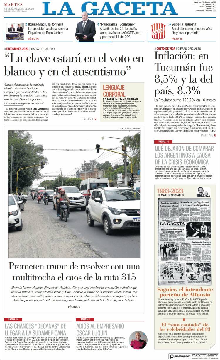 Portada de La Gaceta (Argentina)