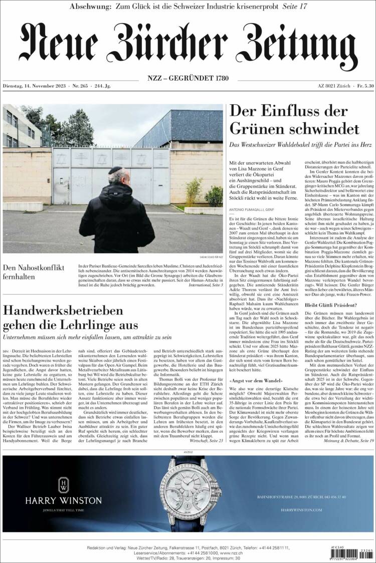 Portada de Neue Zürcher Zeitung (Suiza)