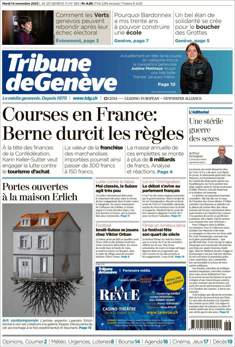 Portada de La Tribune de Genève (Suiza)