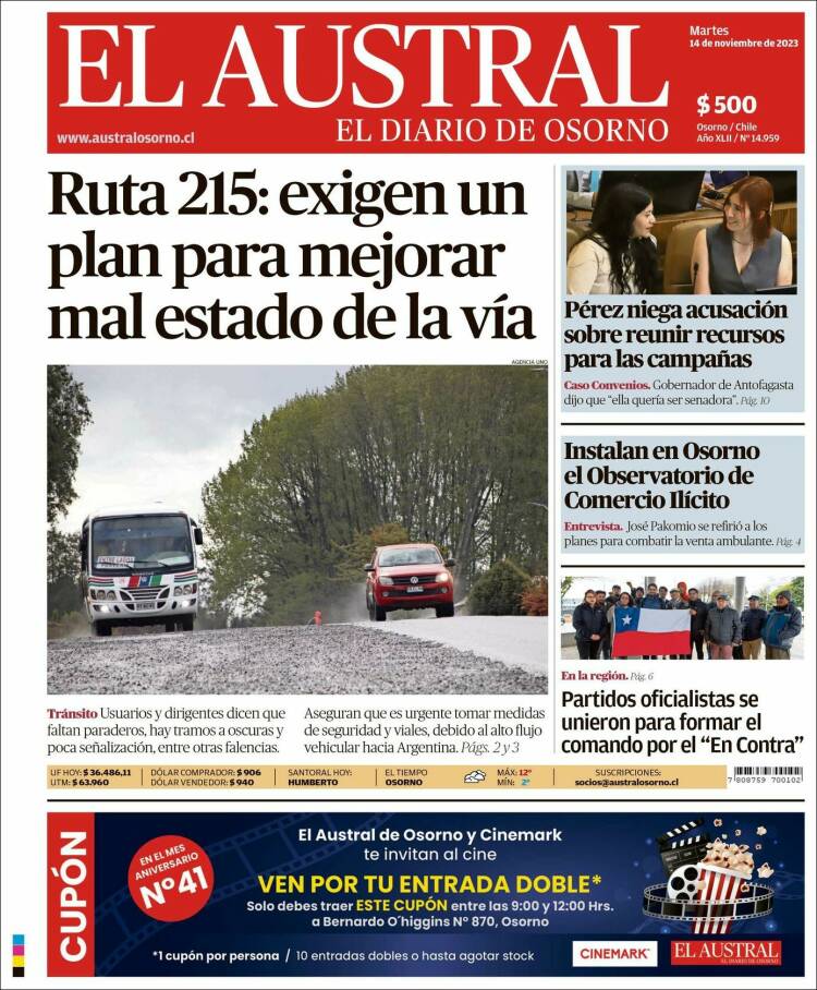 Portada de El Austral de Osorno (Chile)