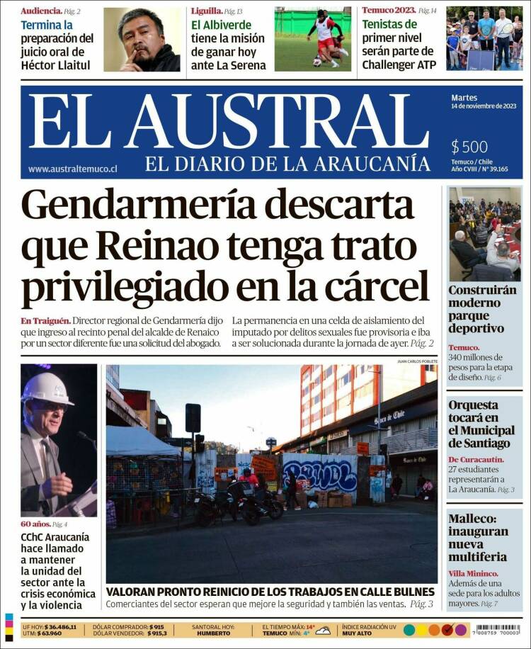 Portada de El Austral de Temuco (Chile)