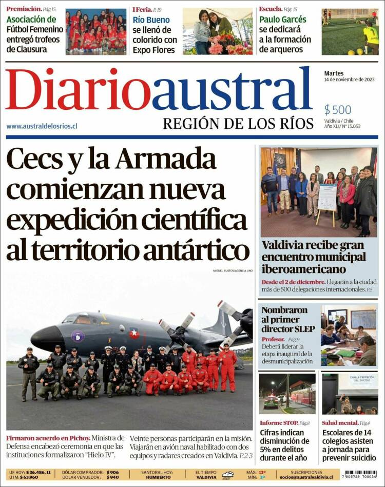 Portada de El Diario Austral de Valdivia (Chile)
