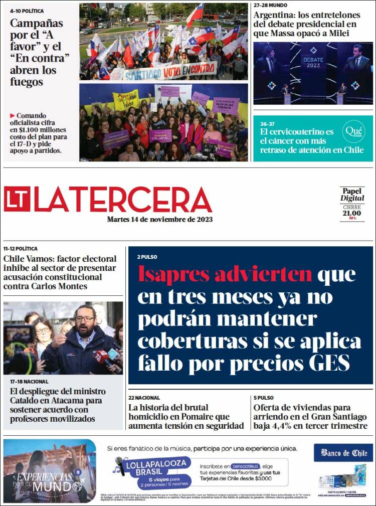 Portada de La Tercera (Chile)