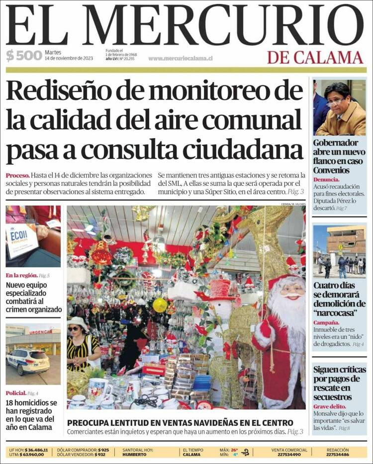 Portada de El Mercurio - Calama (Chile)