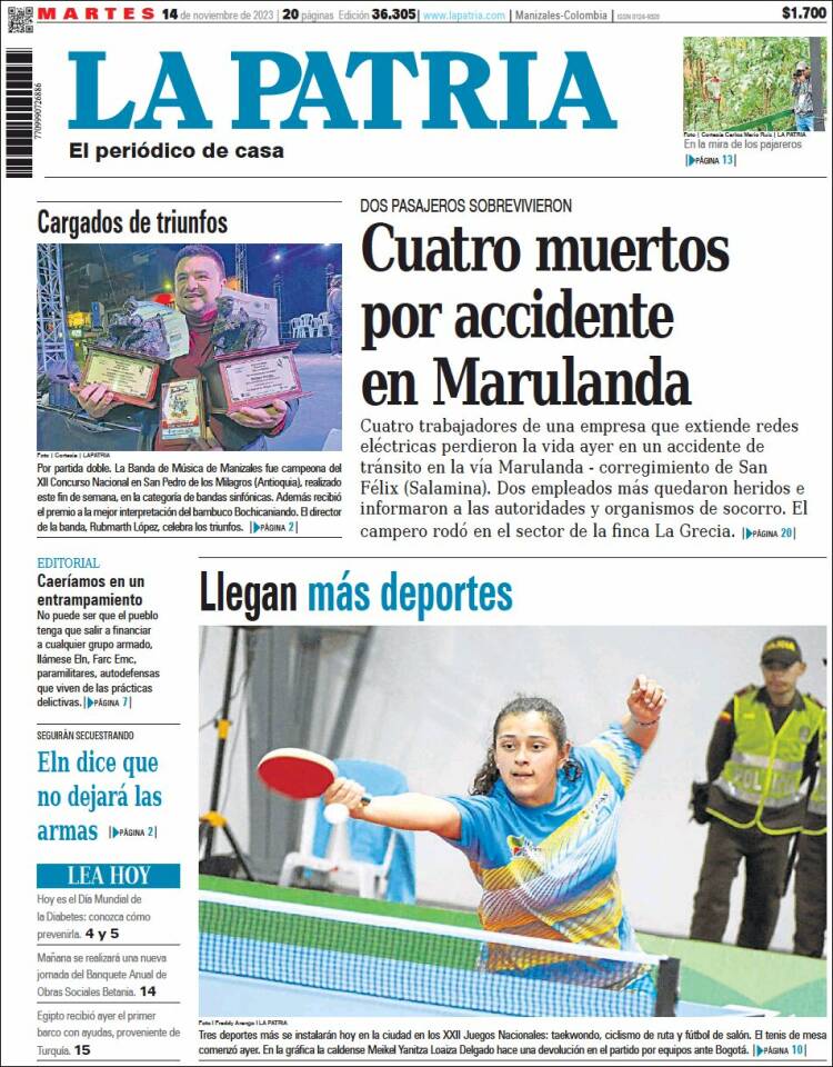 Portada de La Patria (Colombia)