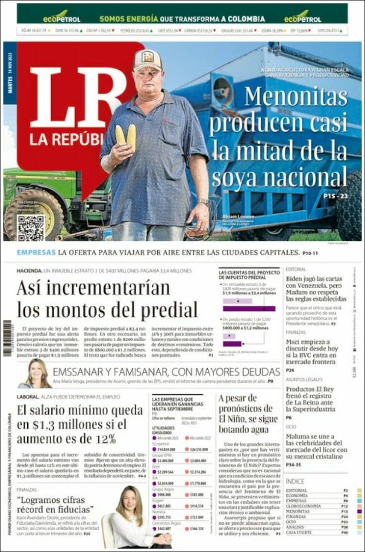 Portada de La Republica (Colombia)