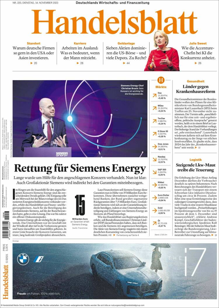 Portada de Handelsblatt (Alemania)