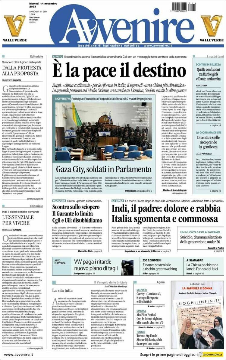 Portada de Avvenire (Italia)