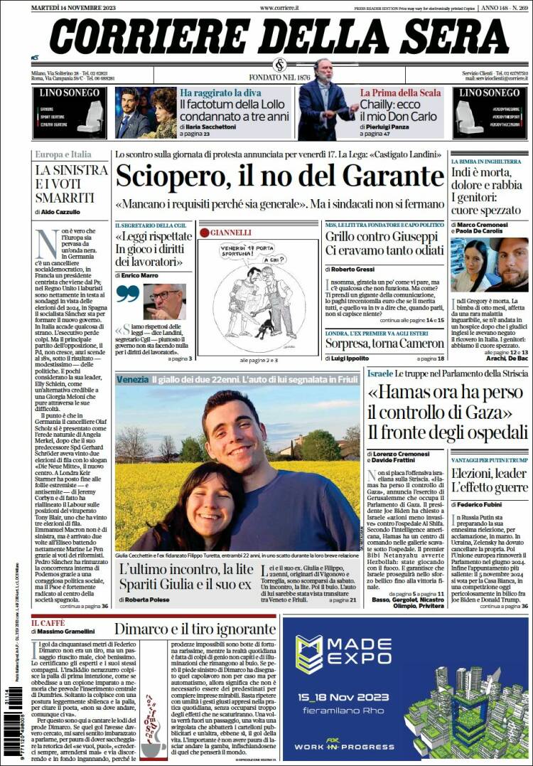Portada de Corriere della Sera (Italia)