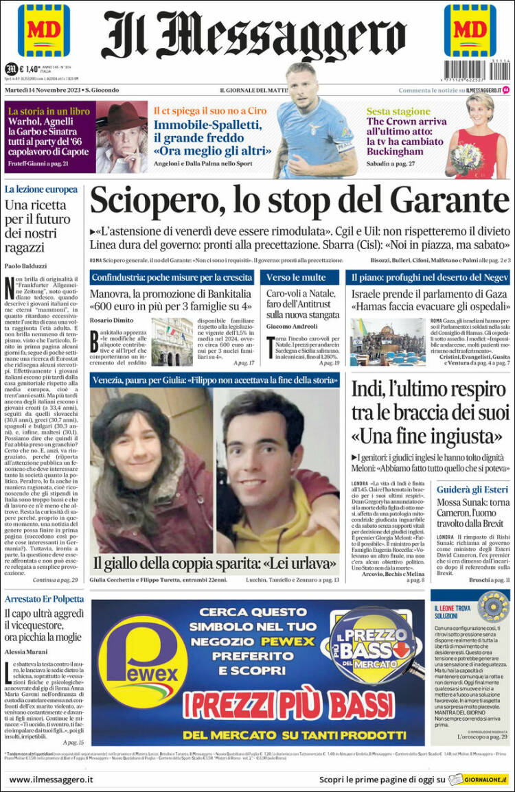 Portada de Il Messaggero (Italia)