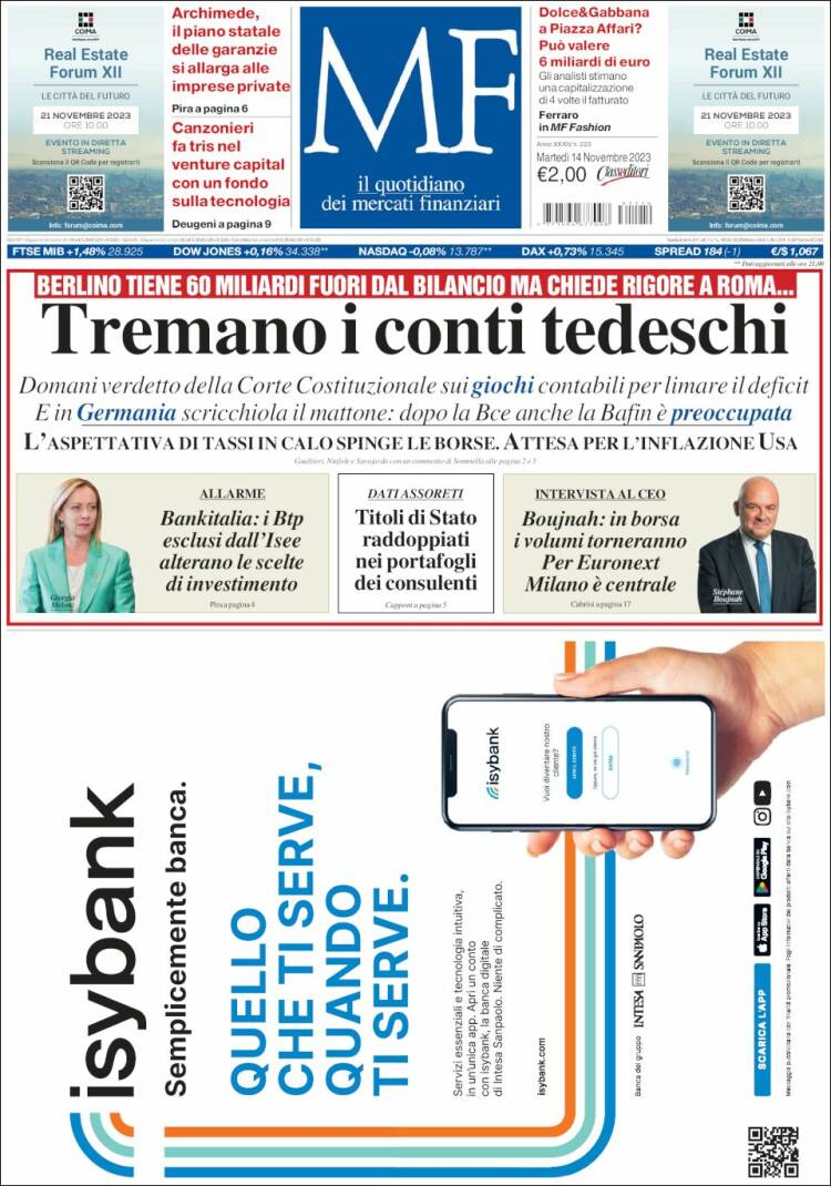 Portada de Milano Finanza (Italia)