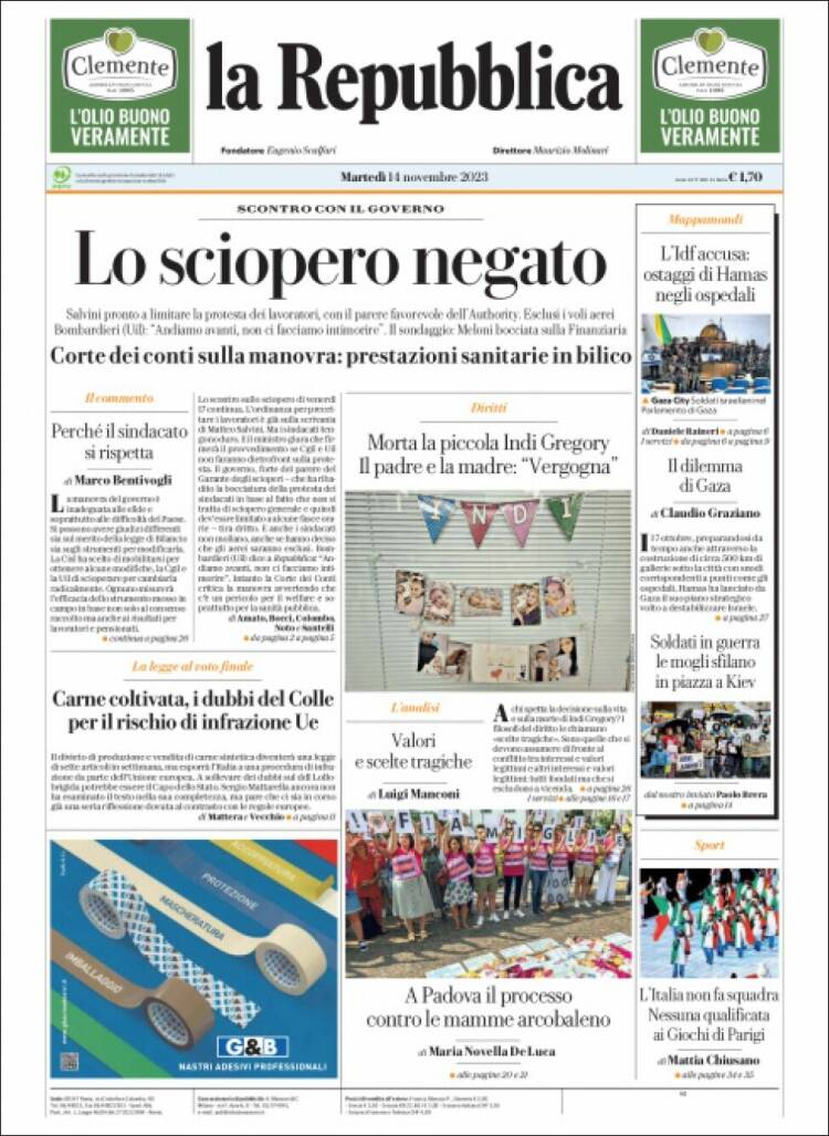 Portada de La Repubblica (Italia)