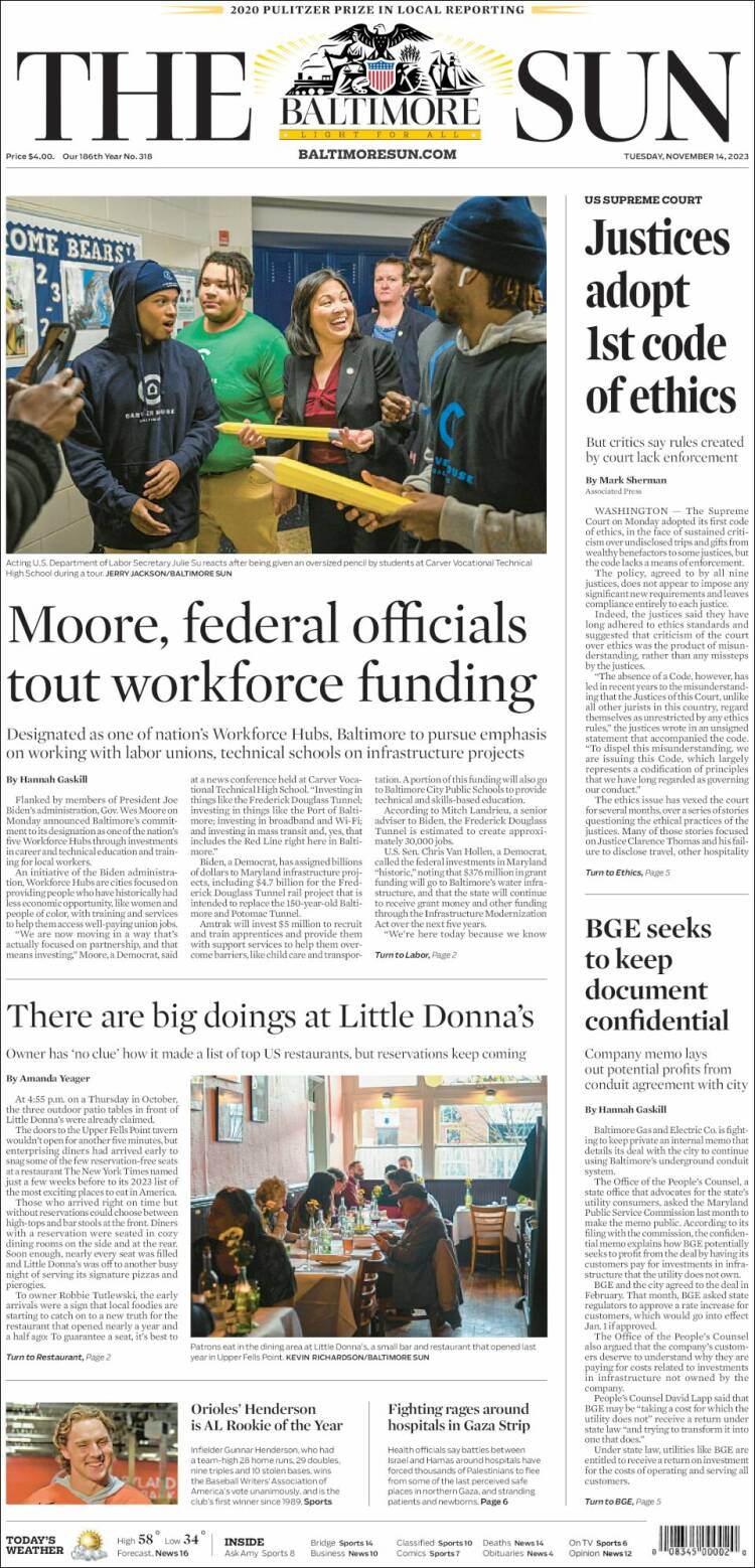 Portada de The Baltimore Sun (USA)