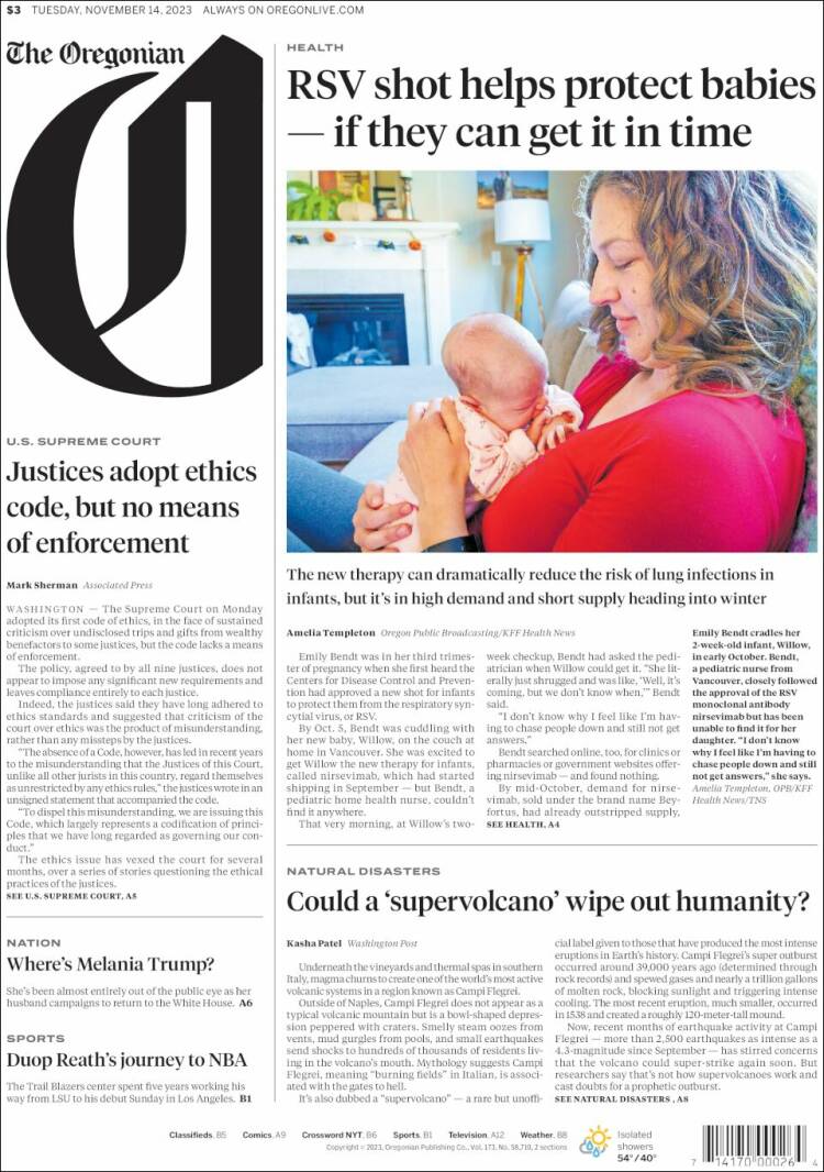 Portada de The Oregonian (USA)