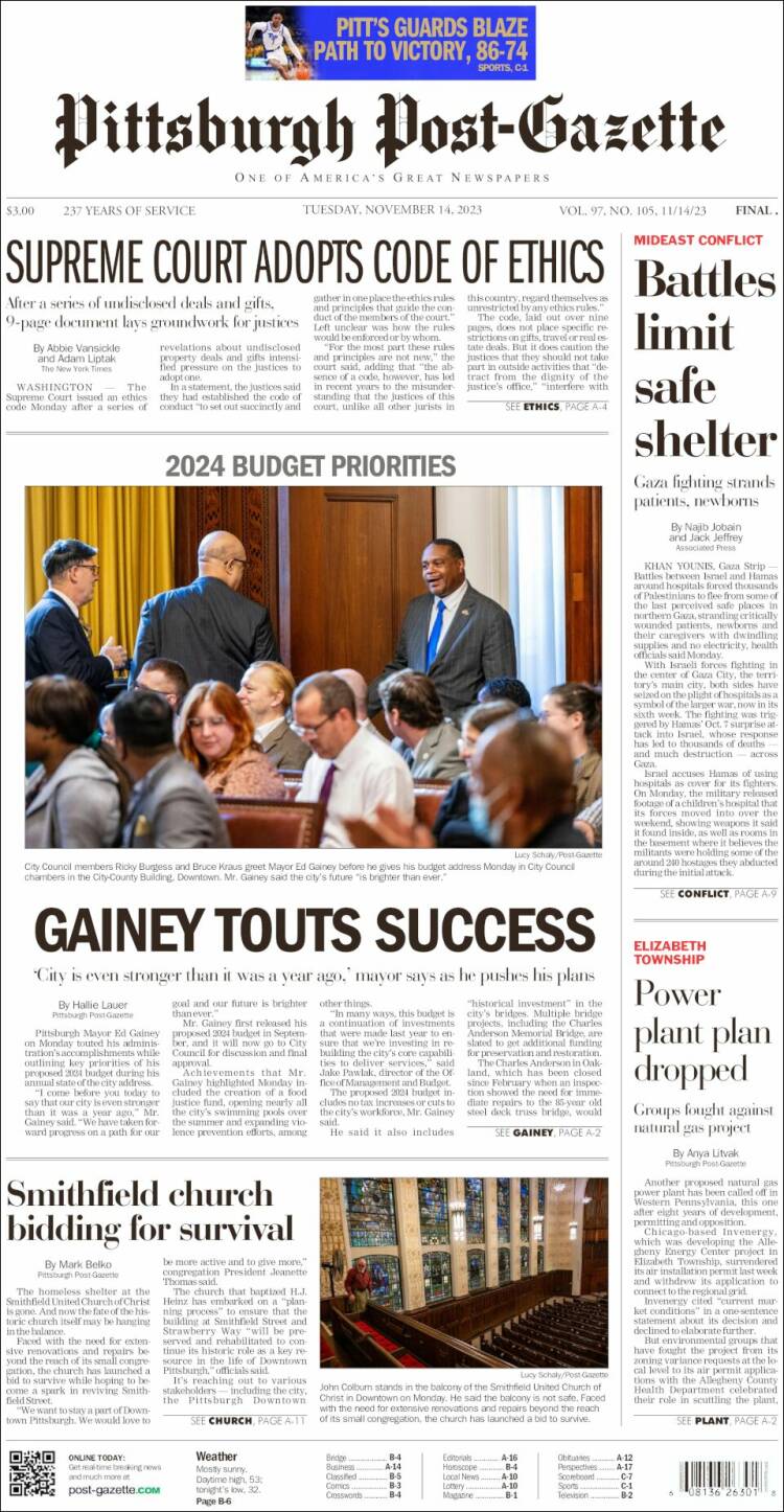 Portada de Pittsburgh Post-Gazette (USA)