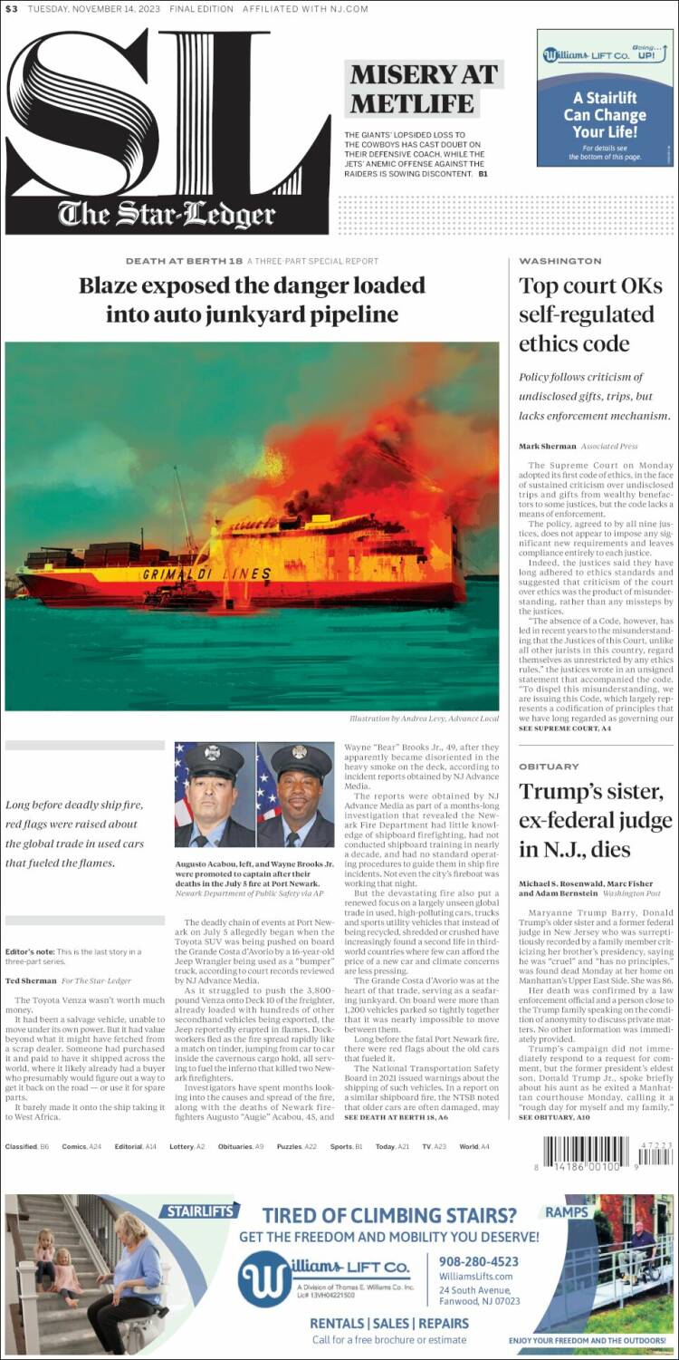 Portada de Star-Ledger (USA)