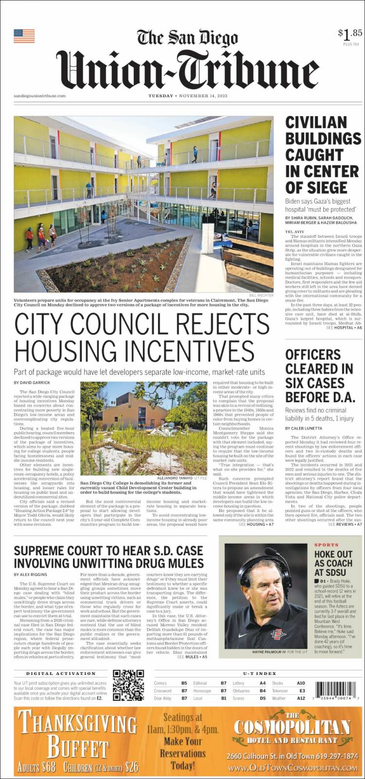 Portada de The San Diego Union-Tribune (USA)