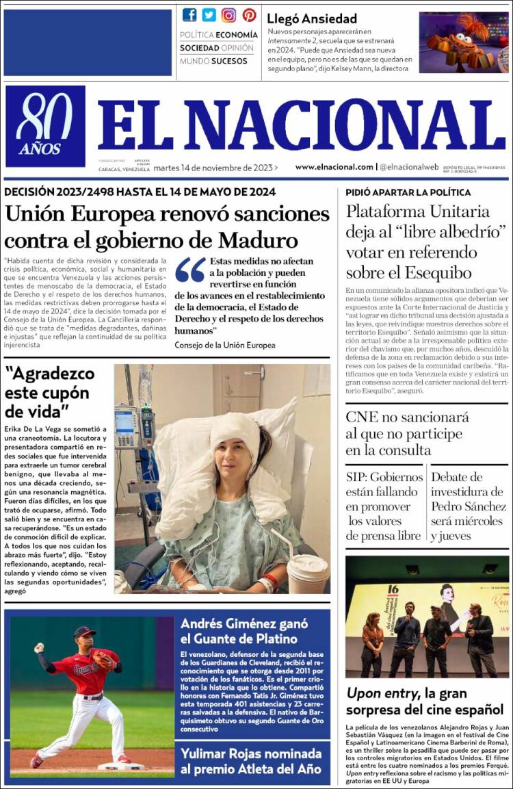 Portada de El Nacional (Venezuela)