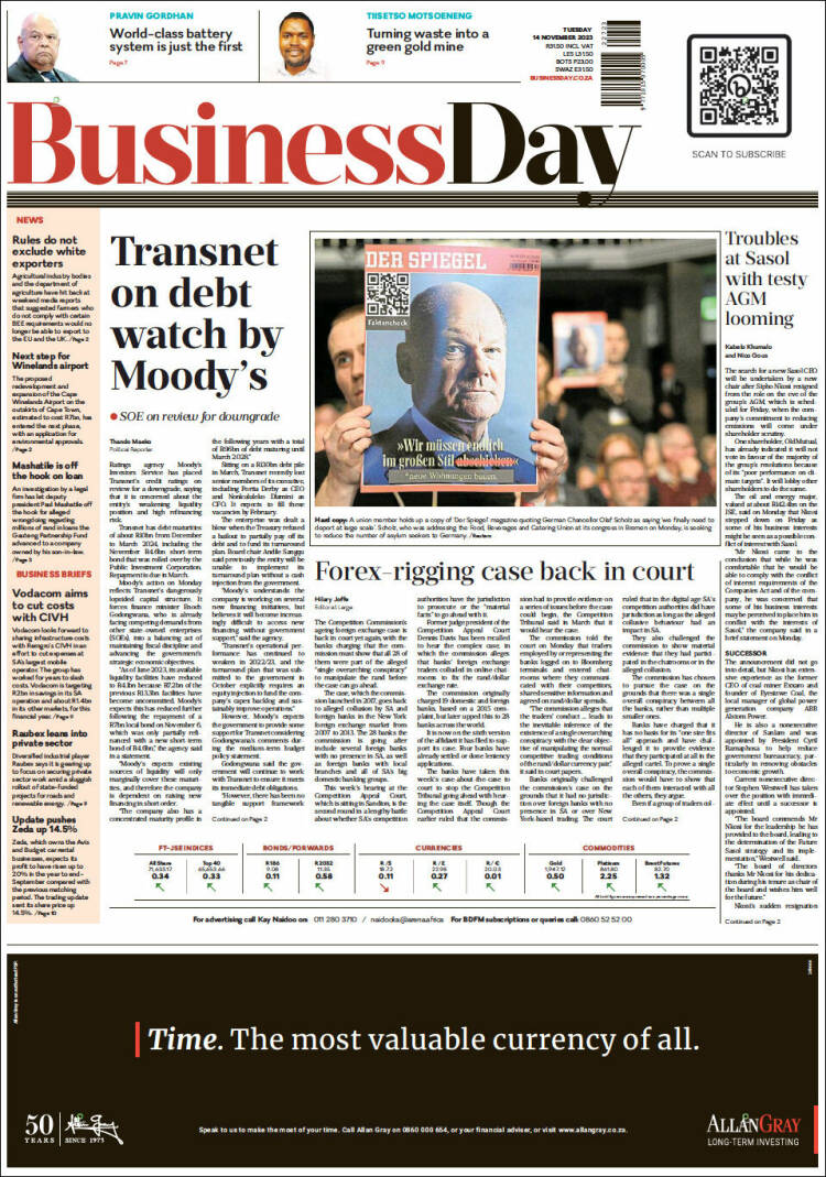 Portada de Business Day (Sud&aacute;frica)