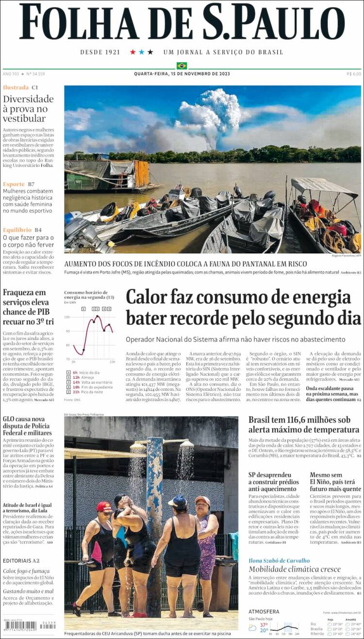 Periódico Folha De São Paulo Brasil Periódicos De Brasil Edición De Miércoles 15 De 3147