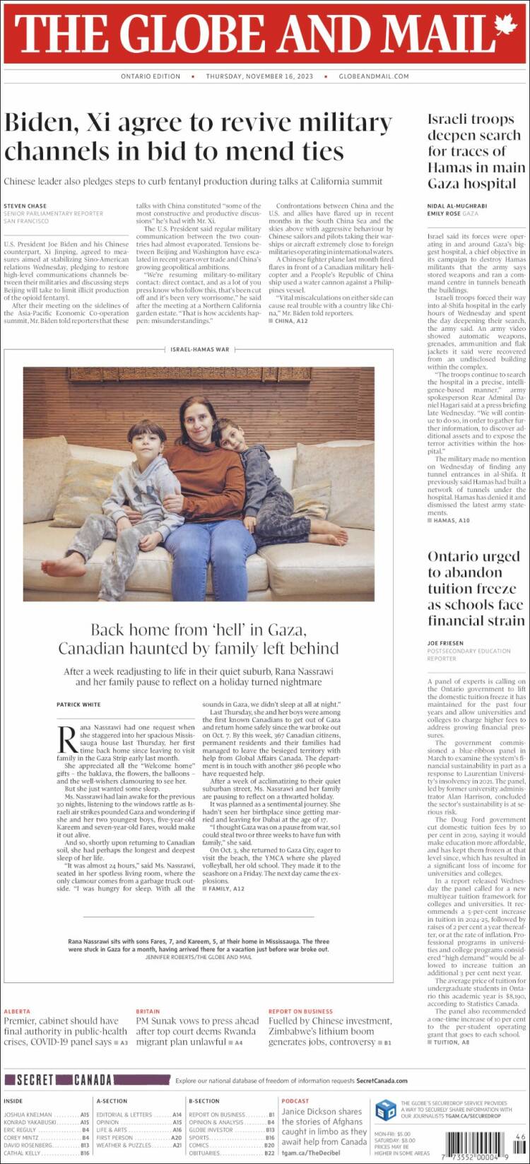 Portada de The Globe and Mail (Canadá)