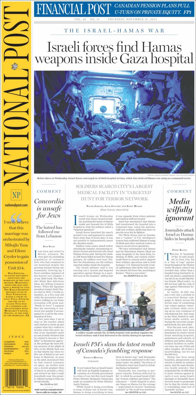 Portada de The National Post (Canadá)