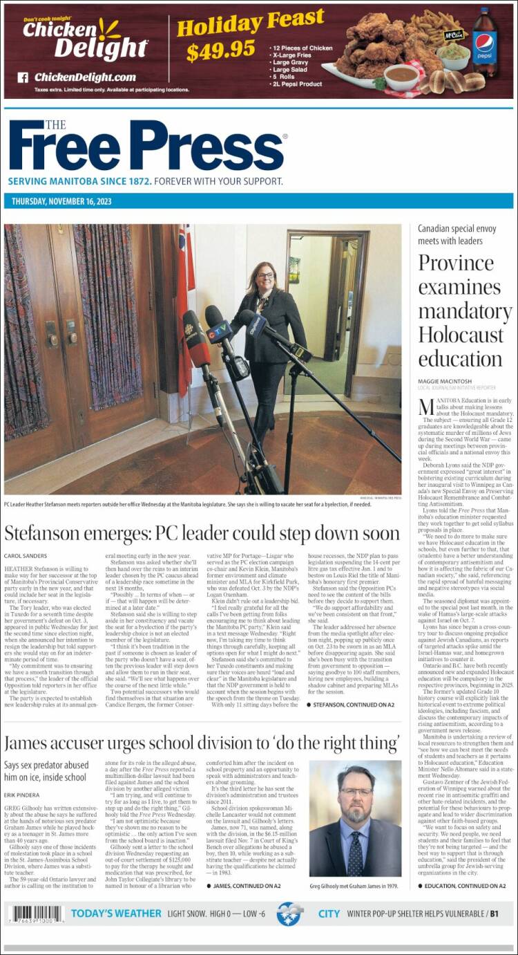Portada de Winnipeg Free Press (Canadá)