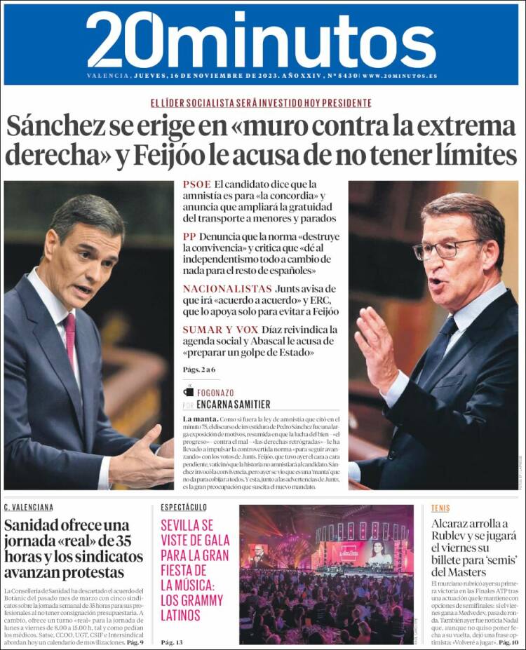 Portada de 20 Minutos - Valencia (España)