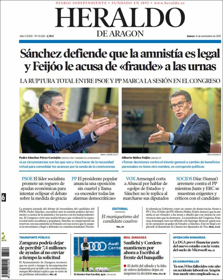 Portada de Heraldo de Aragón (España)