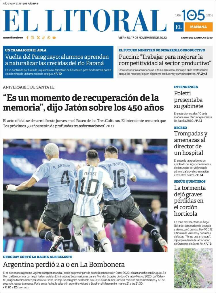 Portada de Diario El Litoral (Argentina)