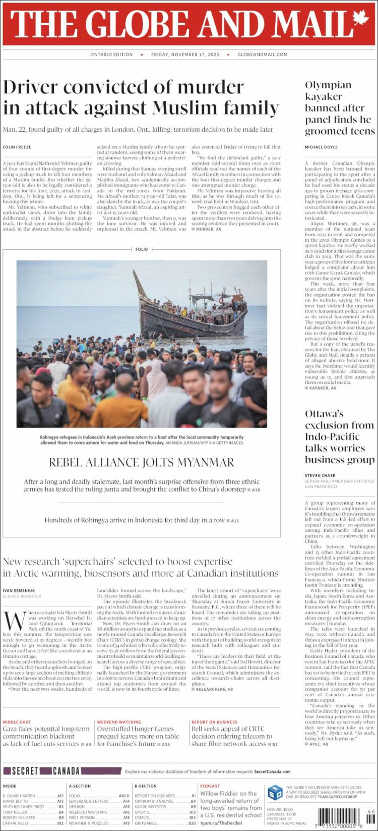 Portada de The Globe and Mail (Canadá)