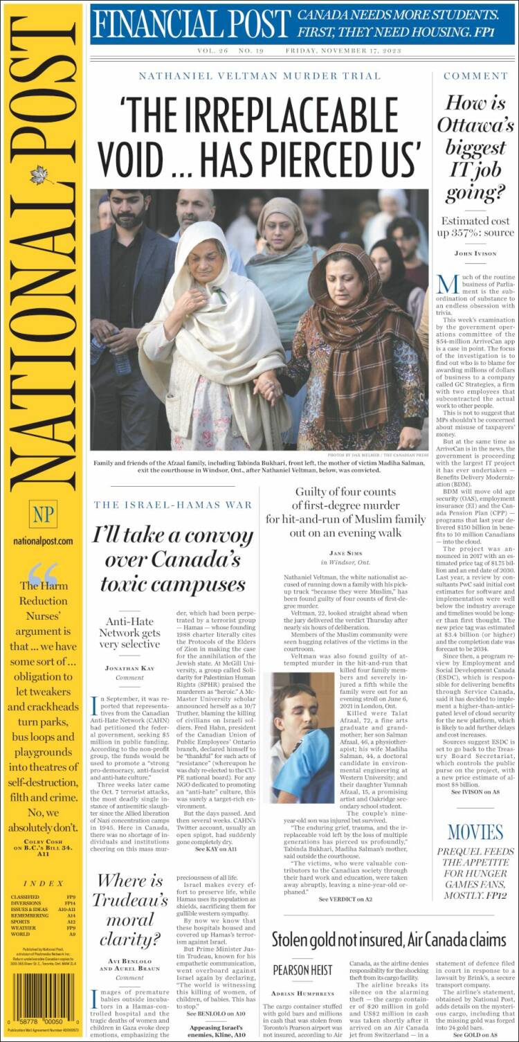 Portada de The National Post (Canadá)