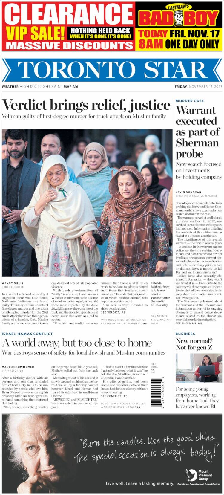 Portada de The Toronto Star (Canadá)