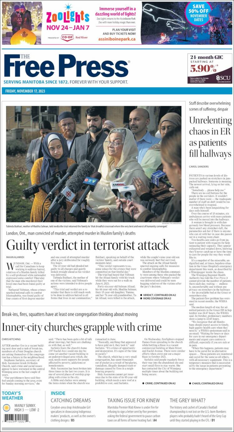 Portada de Winnipeg Free Press (Canadá)