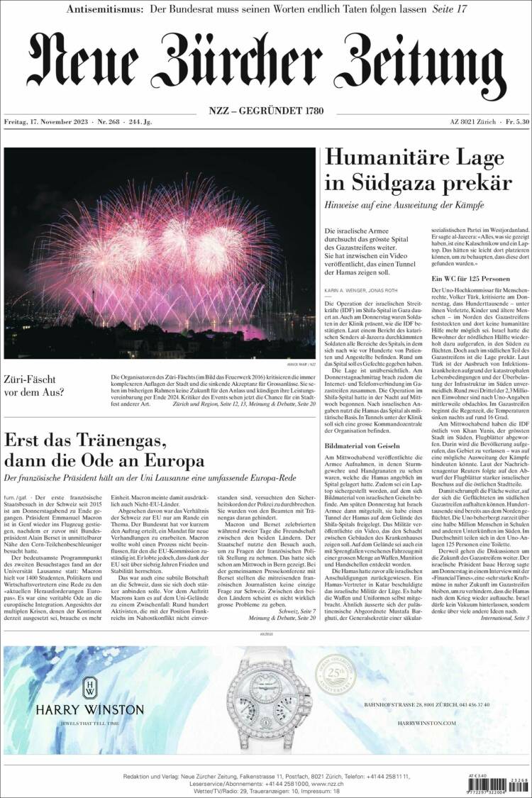 Portada de Neue Zürcher Zeitung (Suiza)