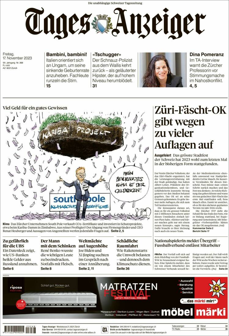 Portada de Tages-Anzeiger (Suiza)
