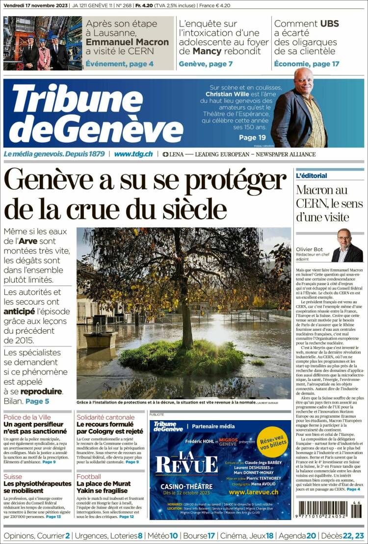Portada de La Tribune de Genève (Suiza)