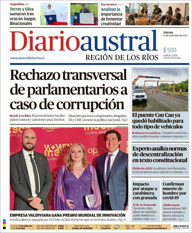 Portada de El Diario Austral de Valdivia (Chile)
