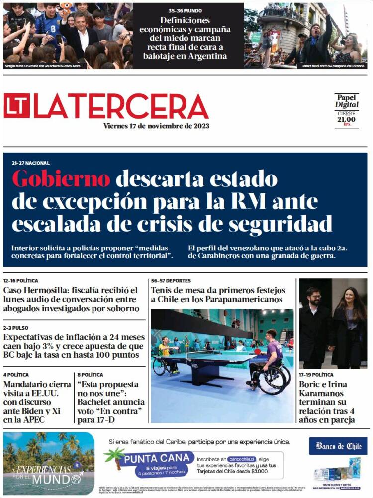 Portada de La Tercera (Chile)