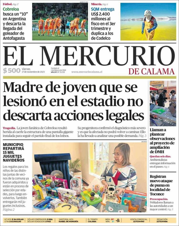 Portada de El Mercurio - Calama (Chile)
