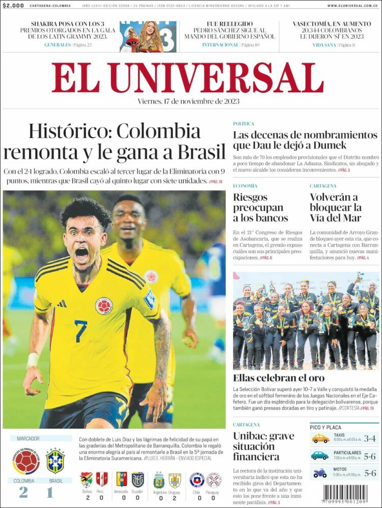 Portada de El Universal (Colombia)