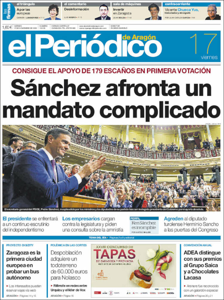 Portada de El Periódico de Aragón (España)