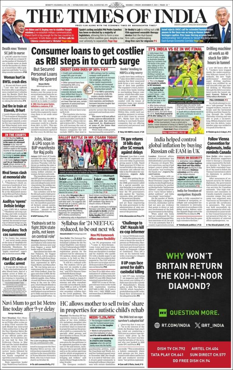 Portada de The Times of India (India)